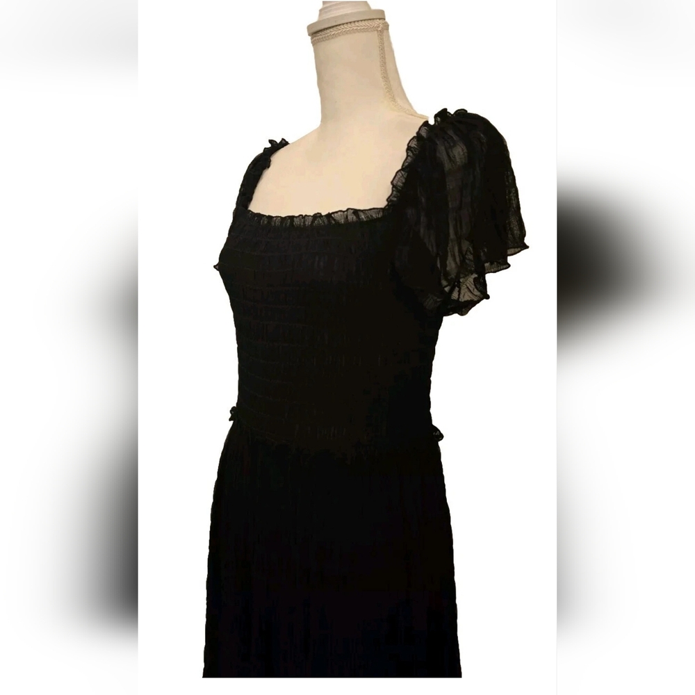 Black Smocked Midi Dress Flutter Sleeve Romantic Whimsigoth Max Studio NWT - Picture 11 of 16